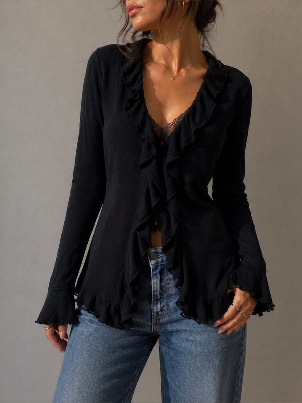 Pure Handknit Ruffle Open Cardigan Dark Romantic Indie Whimsigoth Soft L/XL New